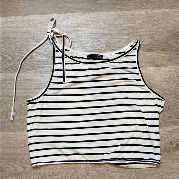 Dazy Striped Black and White Crop Top Spaghetti Strap Tank w/ Bow - Picture 2 of 6